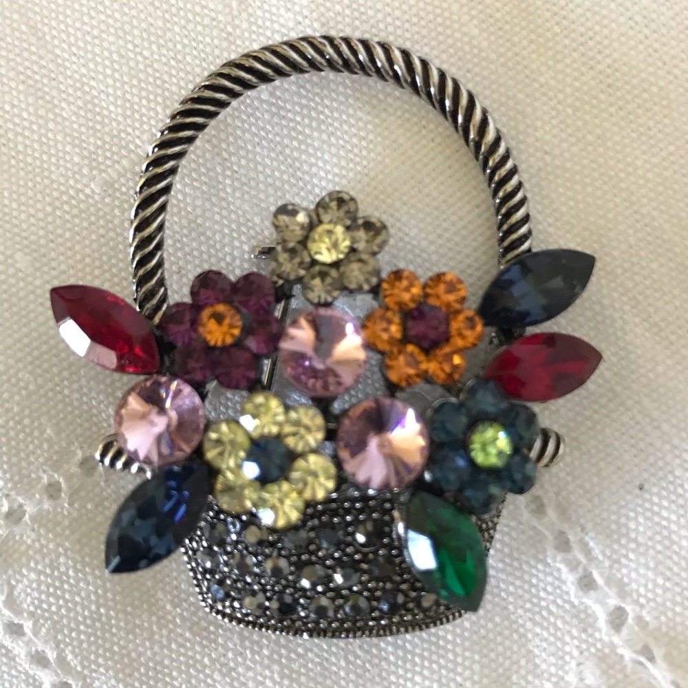 Flower Basket Pin with Colorful Stones